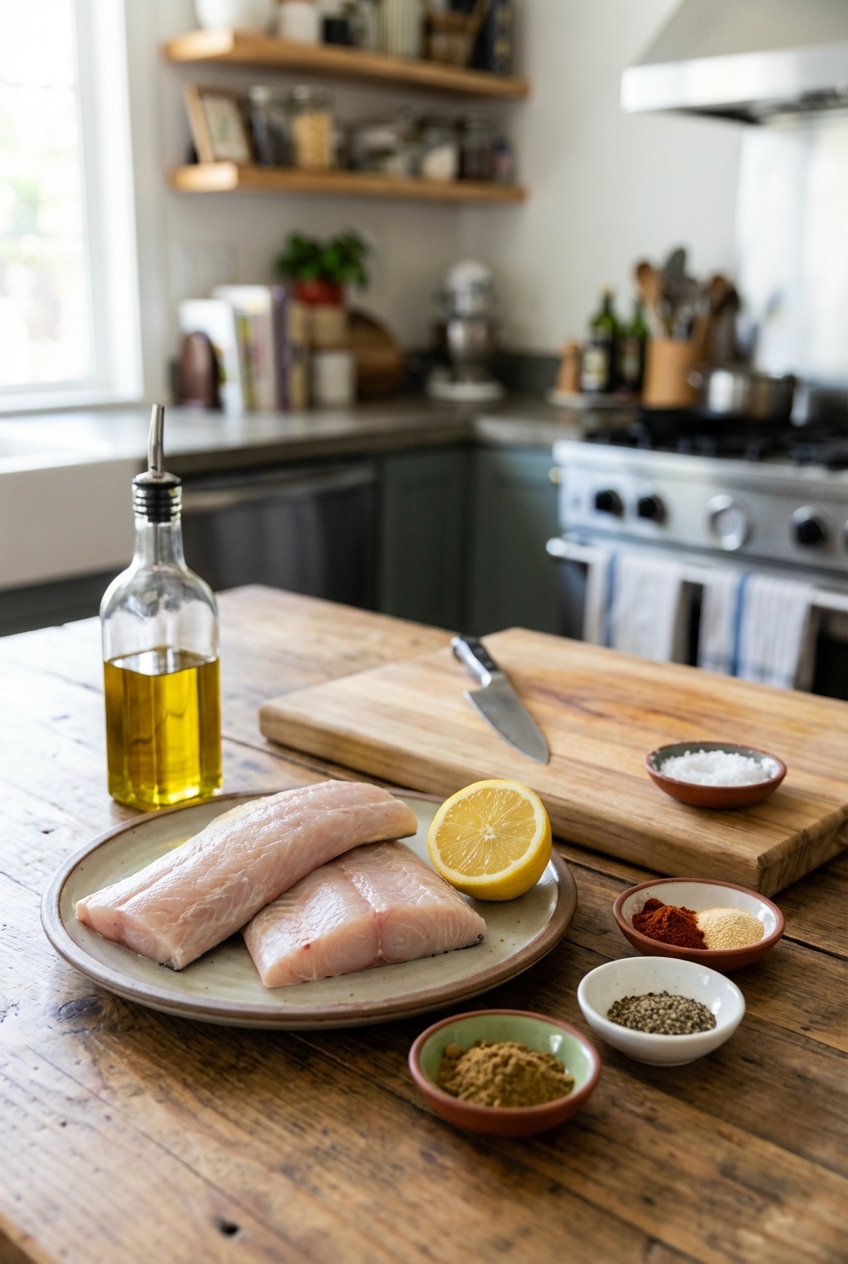 A real photograph of mahi mahi fillets, lemon, spices in small bowls, and olive oil arranged on a kitchen counter