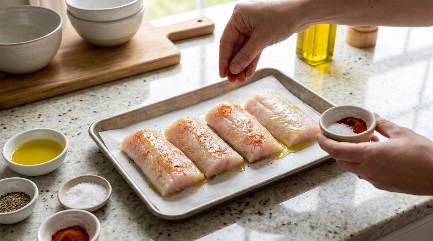 A real photograph of mahi mahi fillets on a sheet pan being seasoned with paprika and salt, with a hand holding a small pinch bowl above the fish