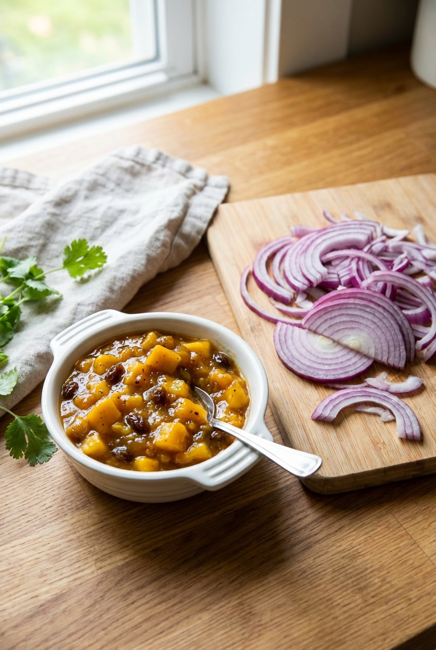 A real photograph of mango chutney in a small dish next to sliced red onion