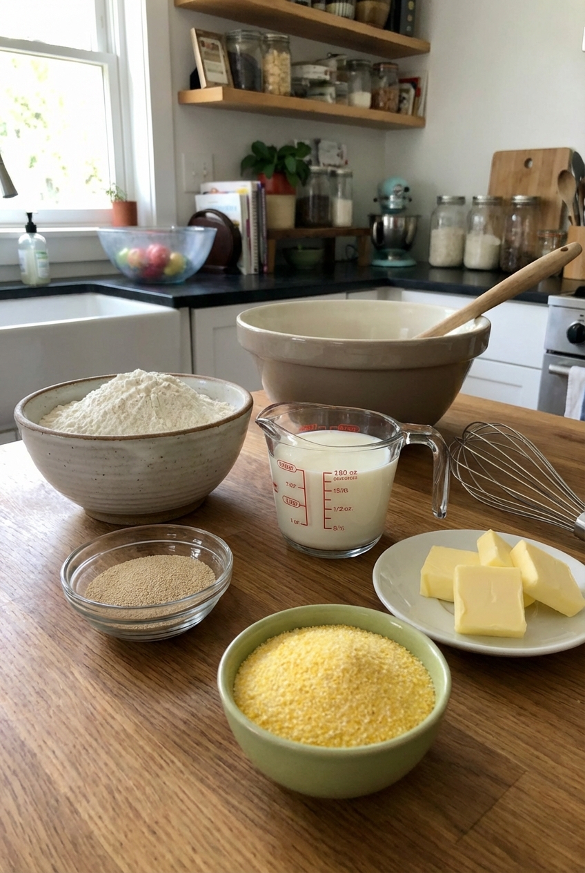 A real photograph of measured ingredients for English muffins on a kitchen counter, including flour, yeast, milk, butter, and a small bowl of cornmeal