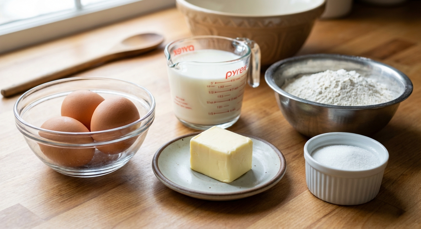 A real photograph of measured ingredients for cream puffs on a kitchen counter including eggs, butter, flour, milk, and sugar