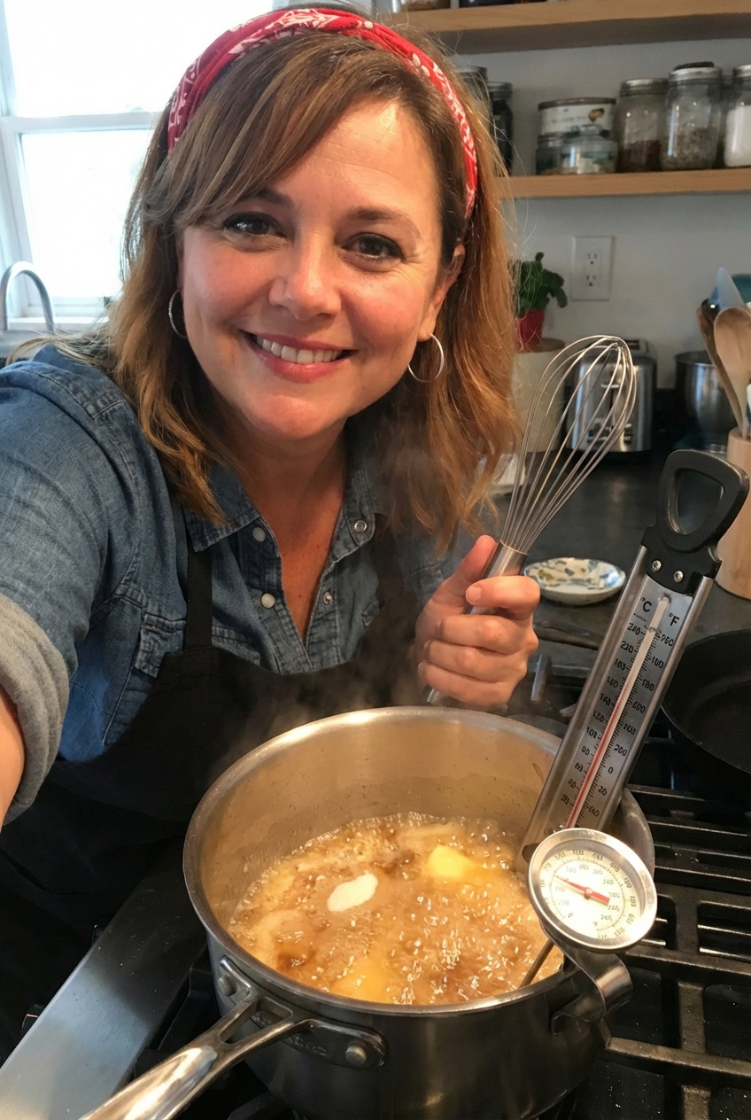 A real photograph of melted butter and sugar bubbling in a stainless steel saucepan on a stovetop with a candy thermometer clipped to the side
