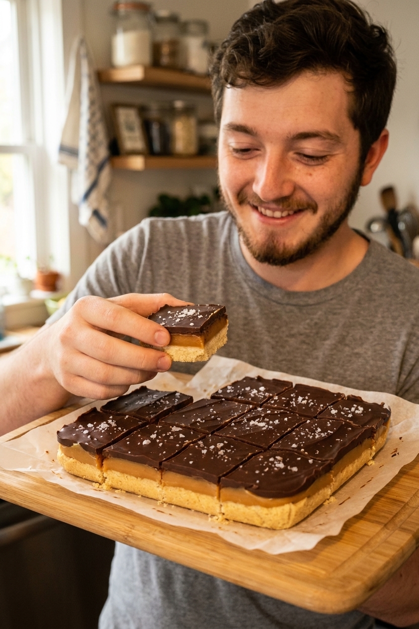 A real photograph of millionaire shortbread bars with distinct shortbread, caramel, and chocolate layers on a parchment-lined cutting board, with flaky sea salt sprinkled on top and a warm kitchen background