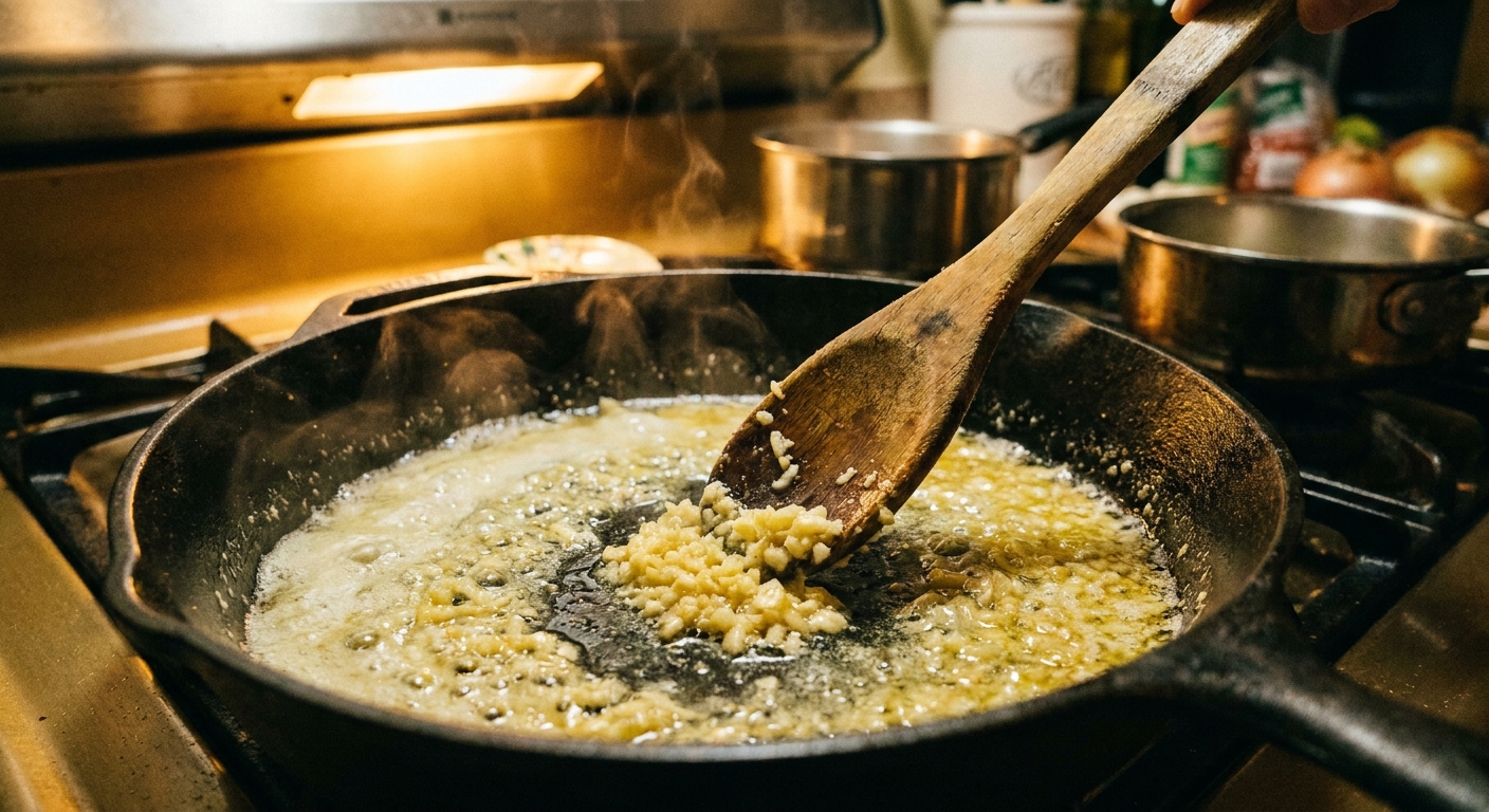 A real photograph of minced garlic sautéing in melted butter in a skillet with a wooden spoon stirring, warm stovetop lighting