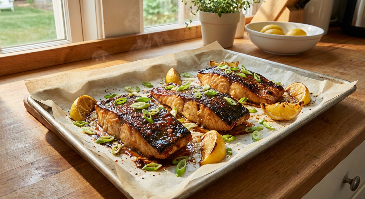 A real photograph of miso-glazed black cod fillets on a parchment-lined sheet pan, caramelized and glossy, with sliced scallions and lemon wedges nearby in a bright home kitchen