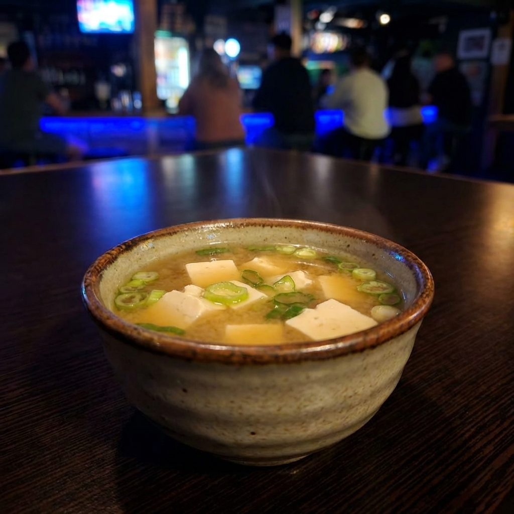 A real photograph of miso soup in a small bowl with tofu cubes and sliced scallions