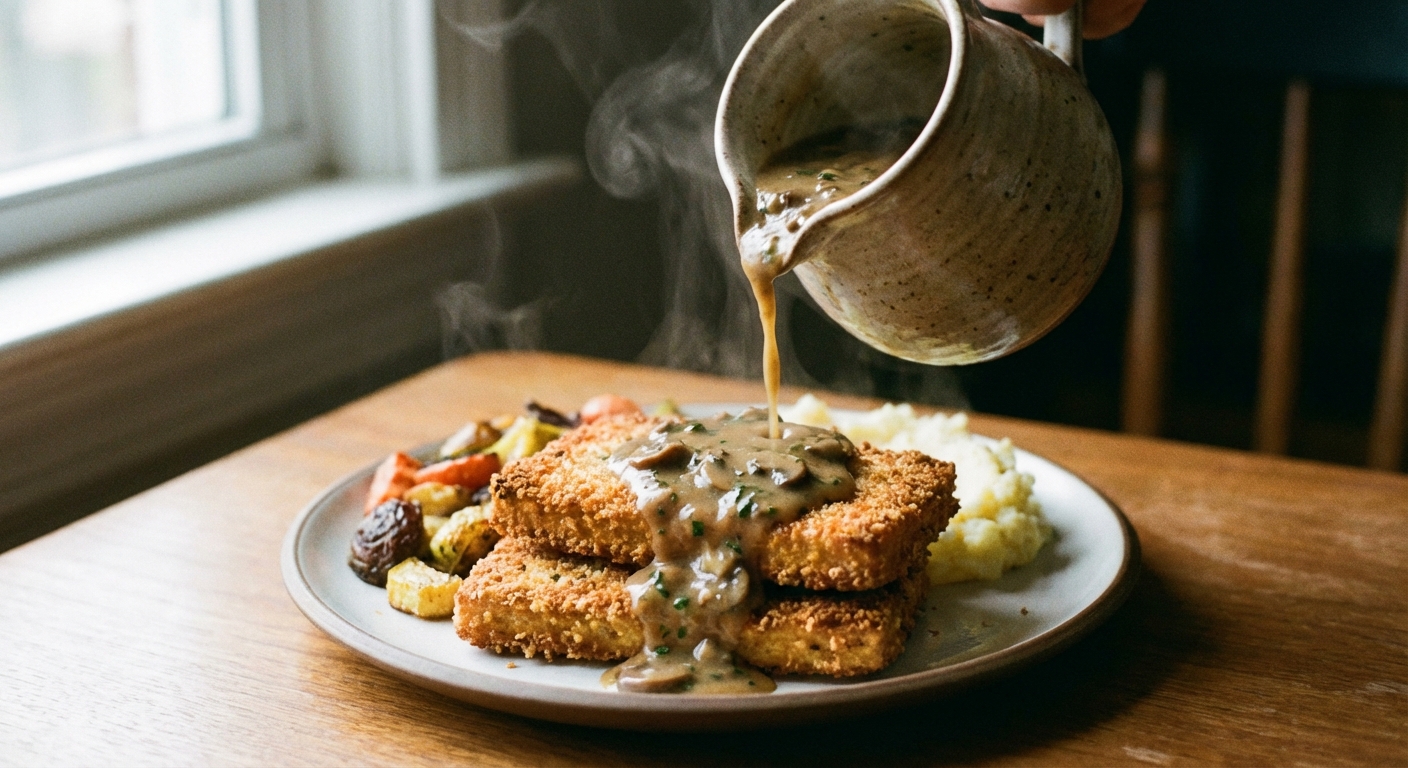 A real photograph of mushroom gravy being poured from a small pitcher onto crispy tofu cutlets