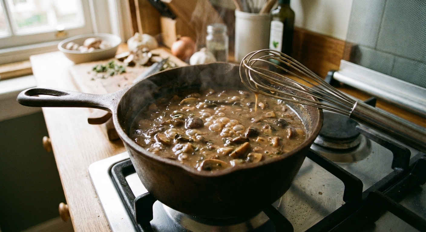 A real photograph of mushroom gravy simmering in a saucepan with a whisk resting on the rim