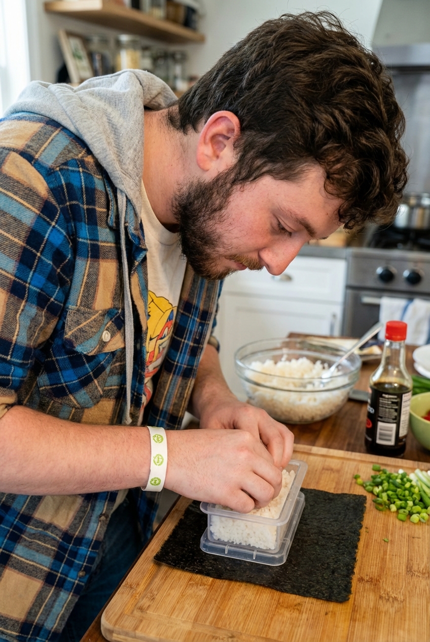 A real photograph of musubi being assembled with a mold on top of a nori strip and hands pressing rice