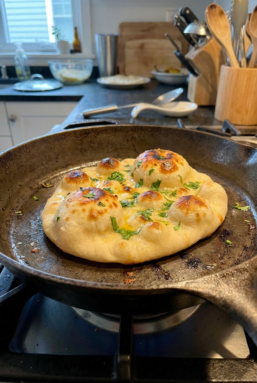 A real photograph of naan cooking in a cast iron skillet with golden bubbles forming on the surface