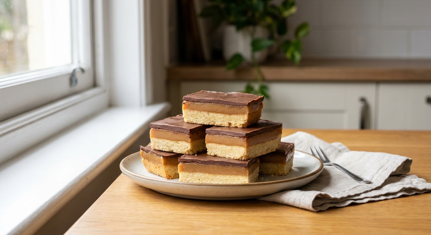 A real photograph of neatly sliced millionaire shortbread bars stacked on a plate, showing crisp shortbread, thick caramel, and smooth chocolate layers in natural window light