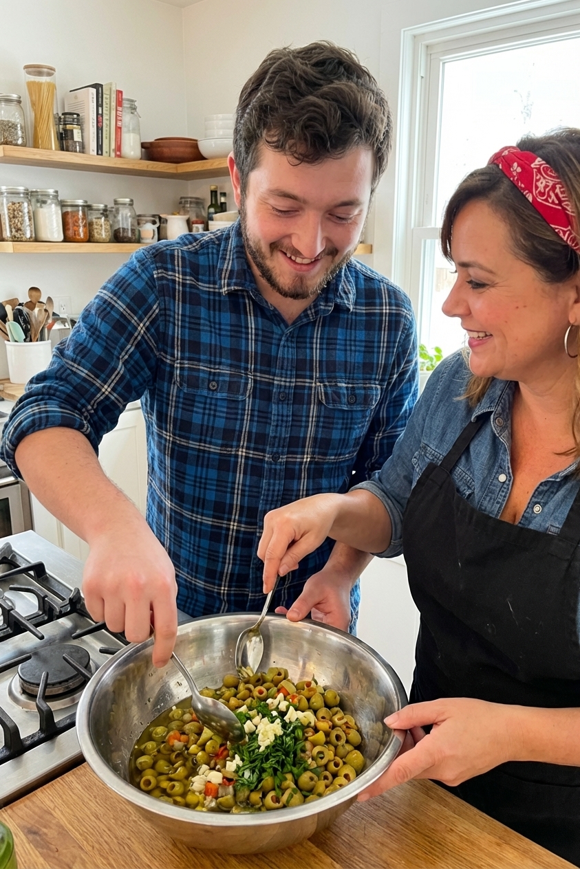 A real photograph of olive salad being stirred in a stainless steel bowl with a spoon, showing chopped green olives, giardiniera, garlic, parsley, and olive oil