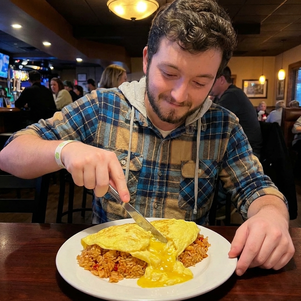 A real photograph of omurice on a plate as a knife slices into the soft omelette, revealing creamy eggs flowing slightly over the mound of ketchup fried rice