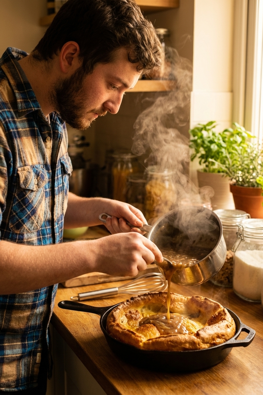 A real photograph of onion gravy being poured from a small saucepan onto a golden puffed toad in the hole in a cast iron skillet, steam rising in warm kitchen light