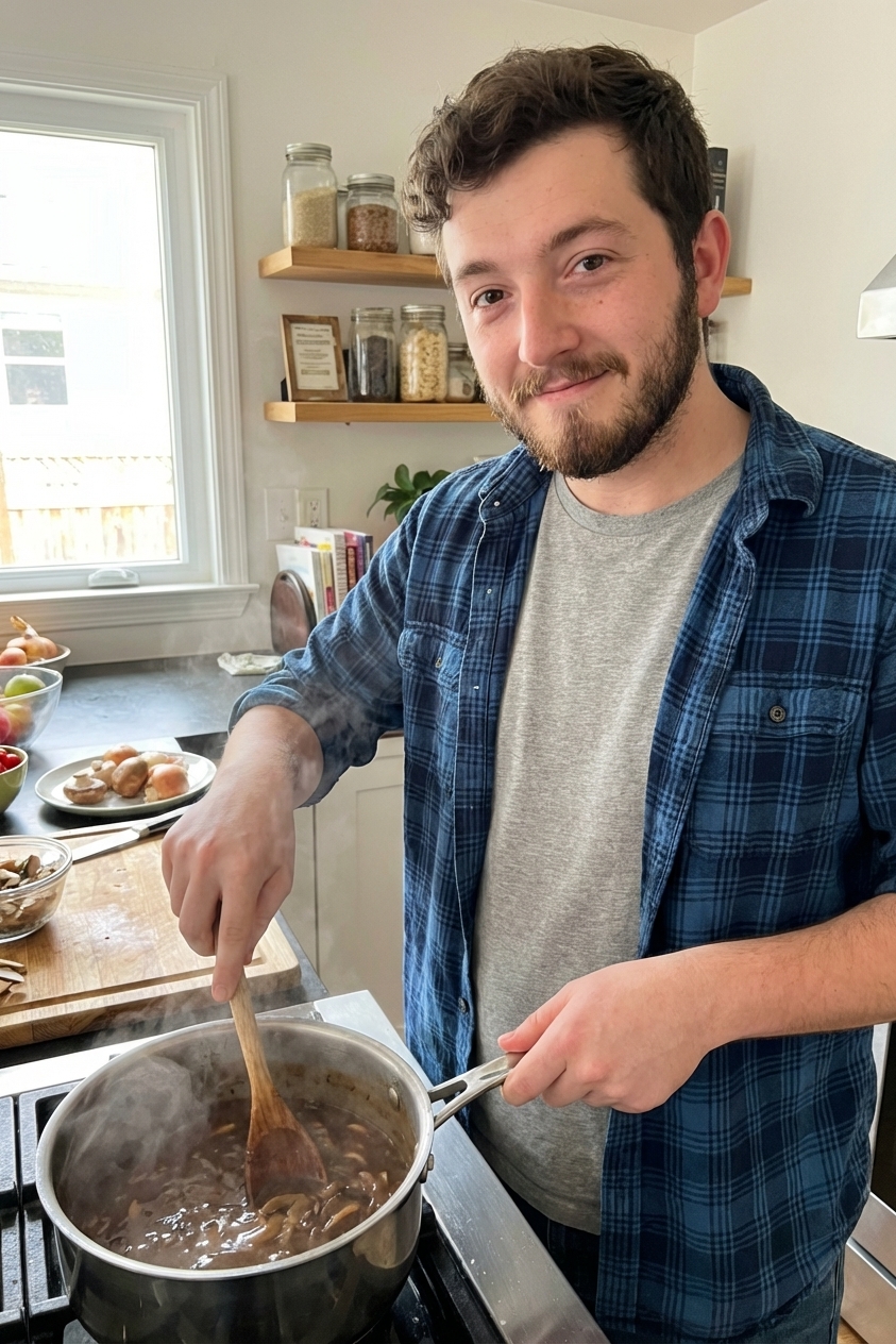 A real photograph of onion-mushroom gravy simmering in a saucepan with a wooden spoon, steam rising in a home kitchen