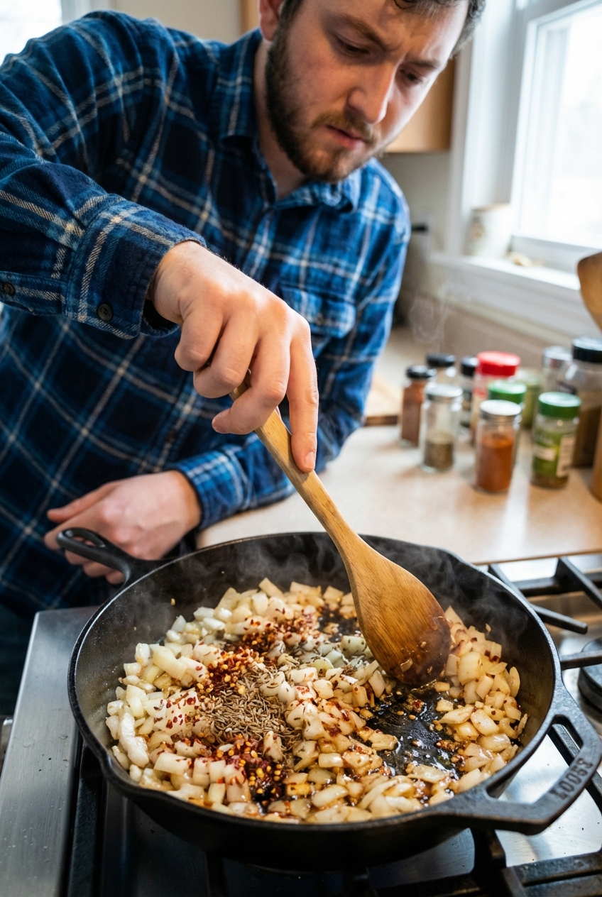 A real photograph of onions and spices being stirred in a skillet with a wooden spoon