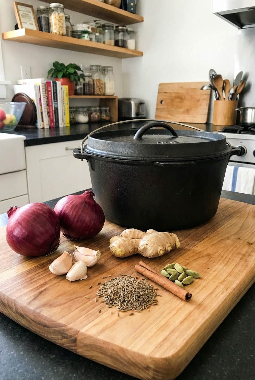A real photograph of onions, garlic, ginger, and whole spices (cumin seeds, cinnamon stick, and green cardamom pods) arranged on a cutting board next to a heavy pot