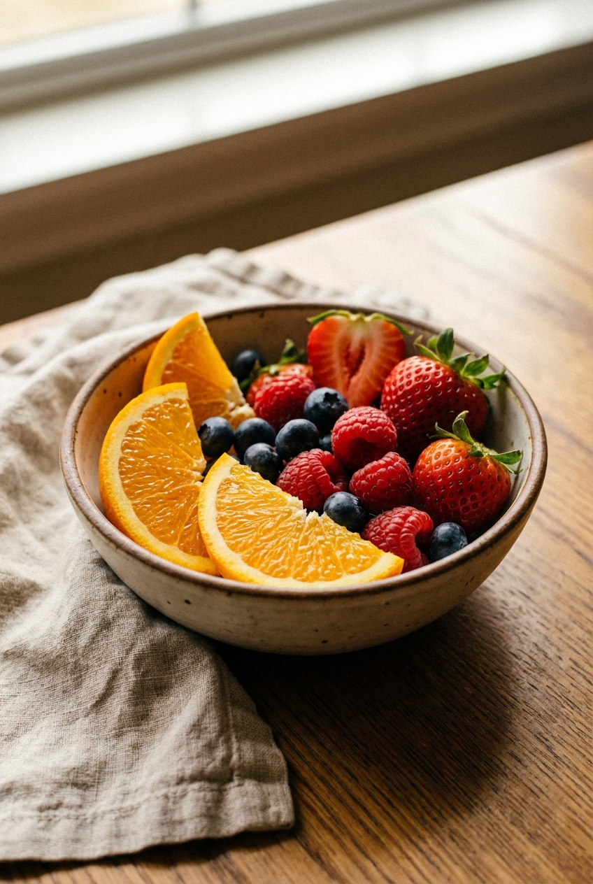 A real photograph of orange slices and berries arranged in a small bowl