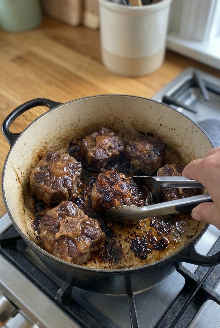 A real photograph of oxtails browning in a Dutch oven with caramelized bits on the bottom of the pot