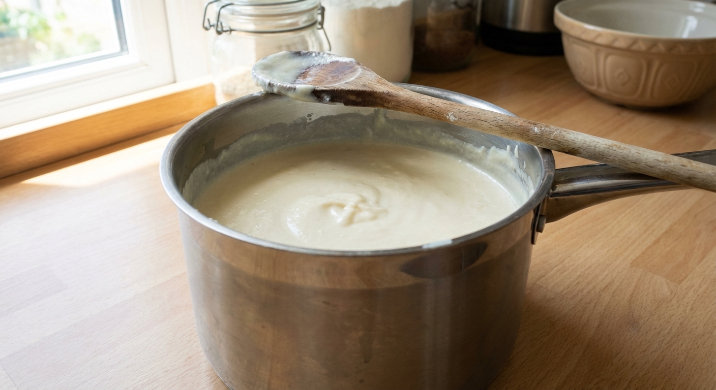 A real photograph of pale, creamy homemade gelato base in a stainless steel saucepan with a wooden spoon resting on the rim on a bright kitchen counter
