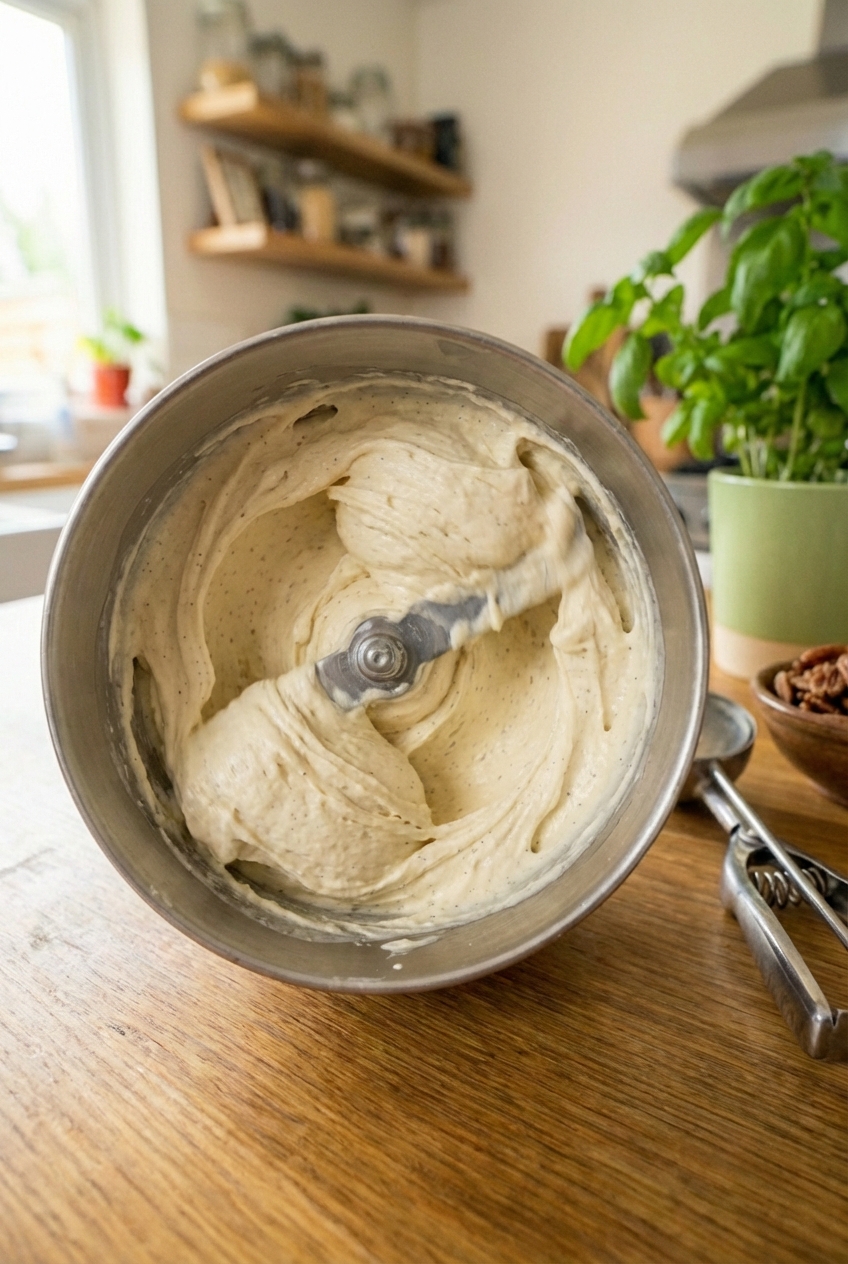 A real photograph of pale vanilla ice cream churning inside an ice cream maker bowl with a thick, creamy texture
