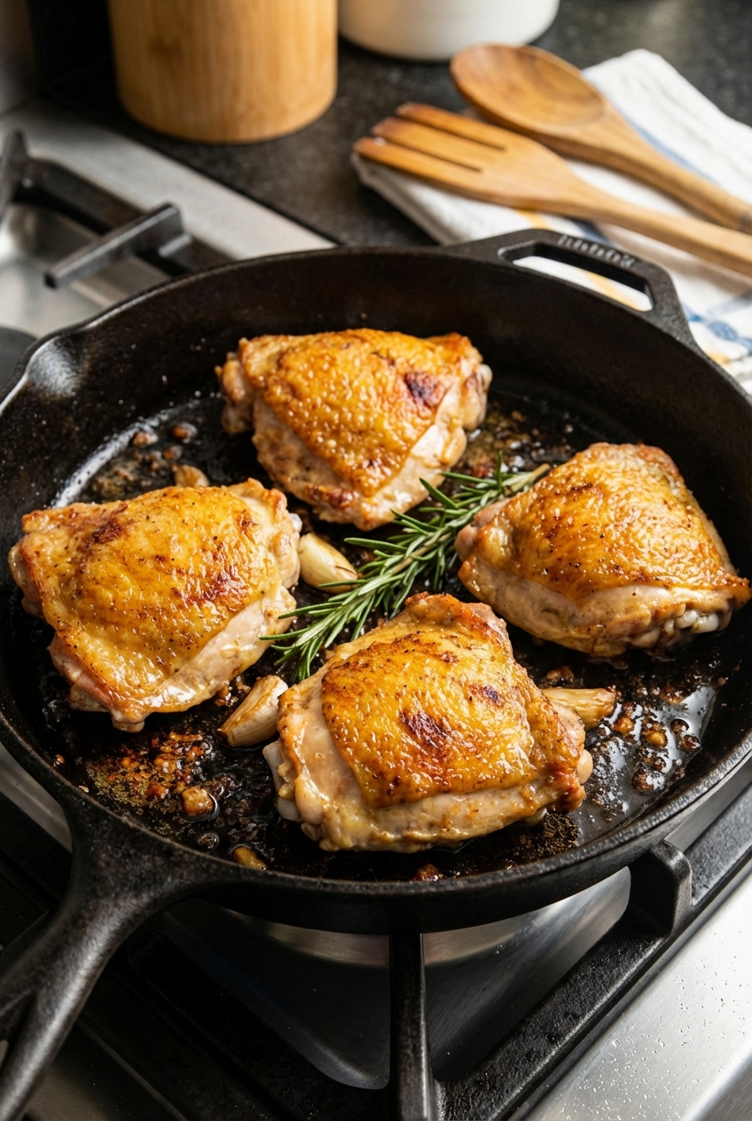 A real photograph of pan-seared chicken thighs with crispy skin in a skillet