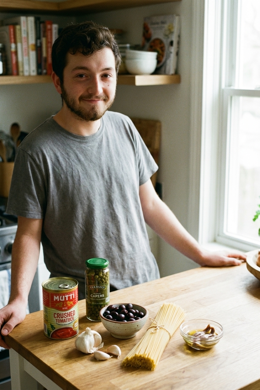 A real photograph of pantry ingredients for puttanesca on a kitchen counter, including a can of crushed tomatoes, a jar of capers, a bowl of black olives, garlic cloves, dried spaghetti, and a small dish of anchovy fillets