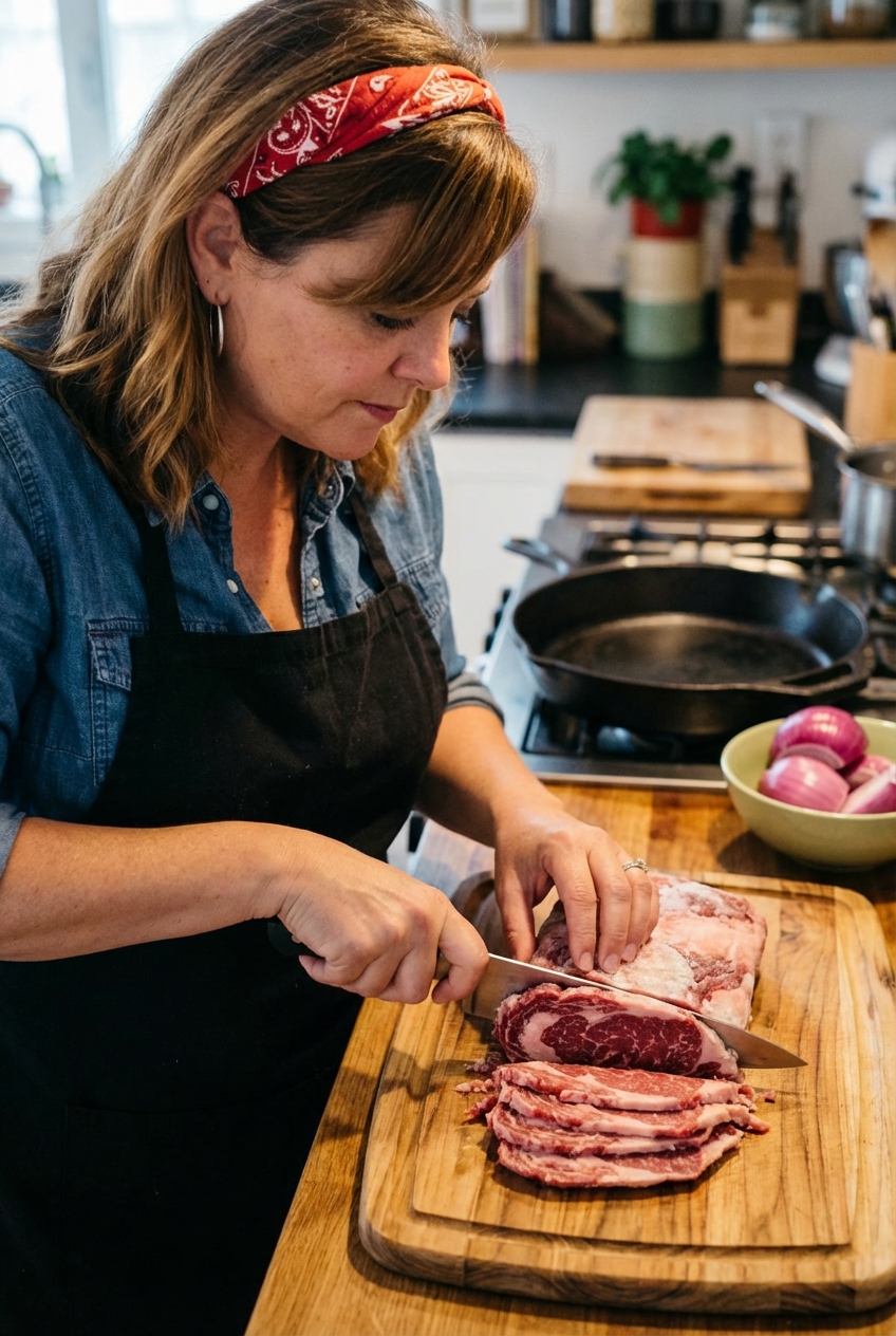 A real photograph of partially frozen ribeye being thinly sliced on a cutting board with a chef knife, with onions and a skillet in the background