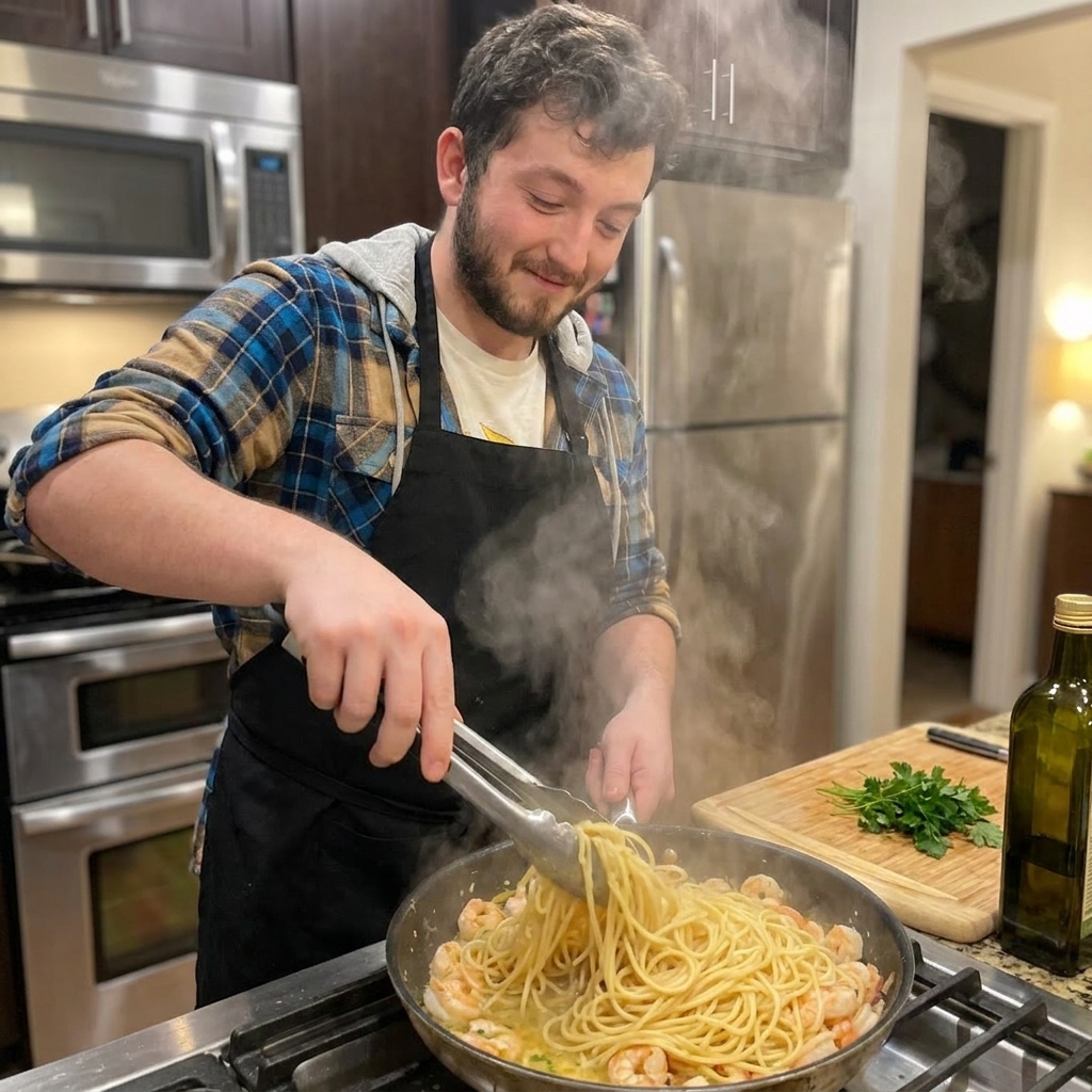 A real photograph of pasta being tossed with shrimp scampi sauce in a skillet using metal tongs, steam rising