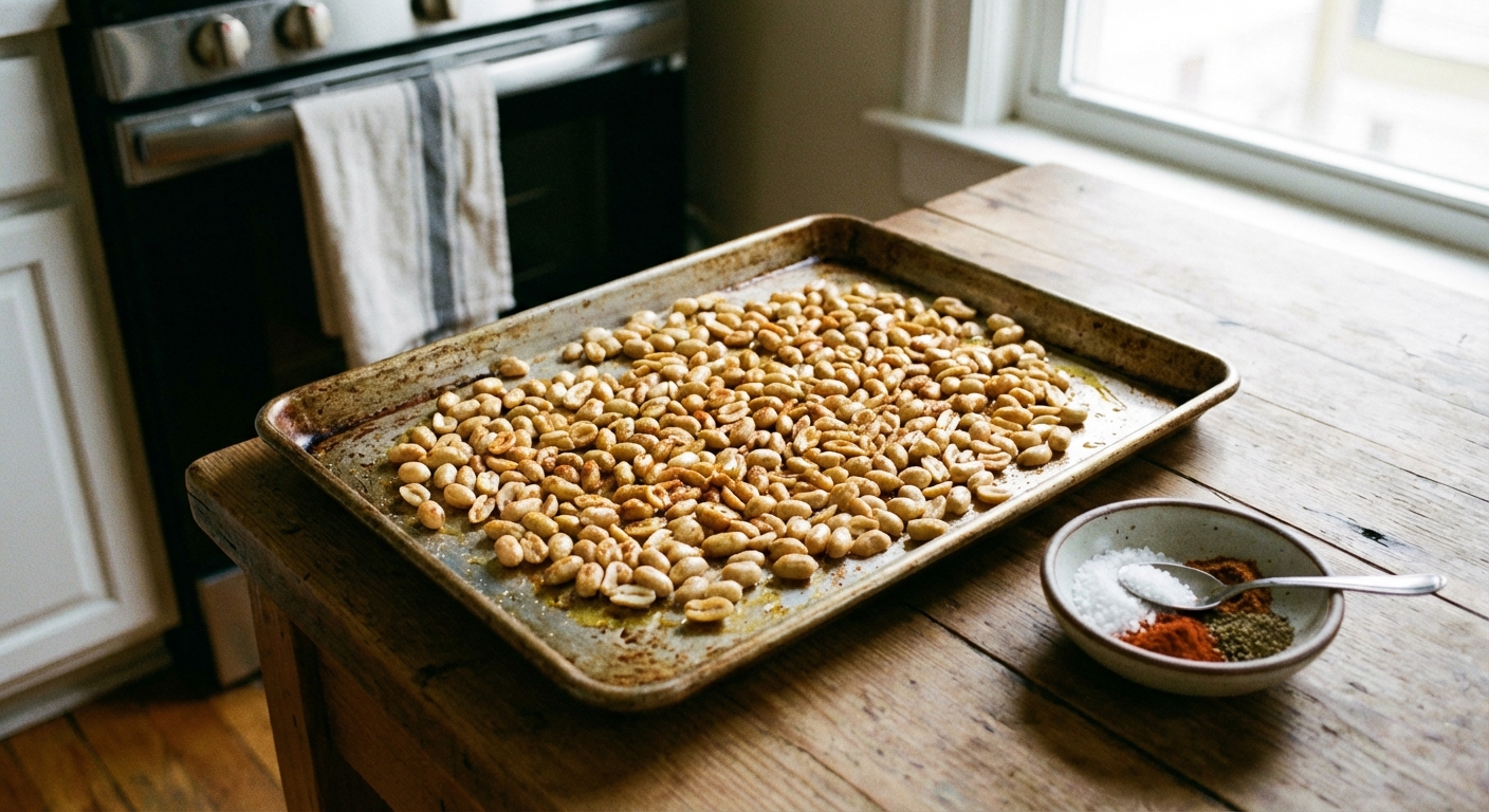A real photograph of peanuts spread in a single layer on a rimmed baking sheet, ready to go into the oven, with a small bowl of salt and spices beside it