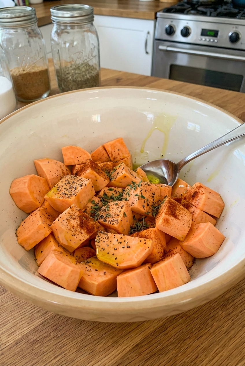 A real photograph of peeled and cubed sweet potatoes in a mixing bowl with olive oil, spices, and a spoon ready to toss