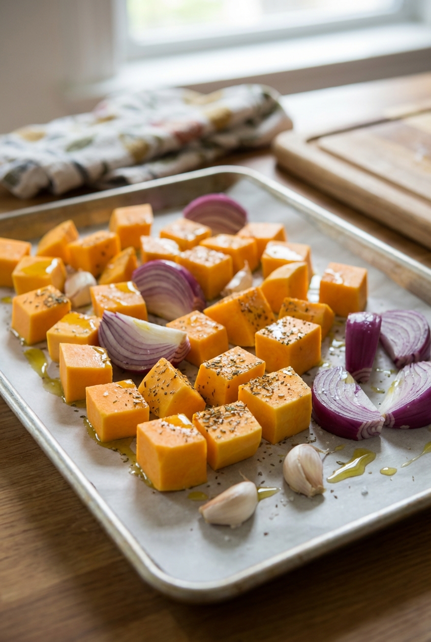 A real photograph of peeled butternut squash chunks on a baking sheet with onion wedges and whole garlic cloves before roasting