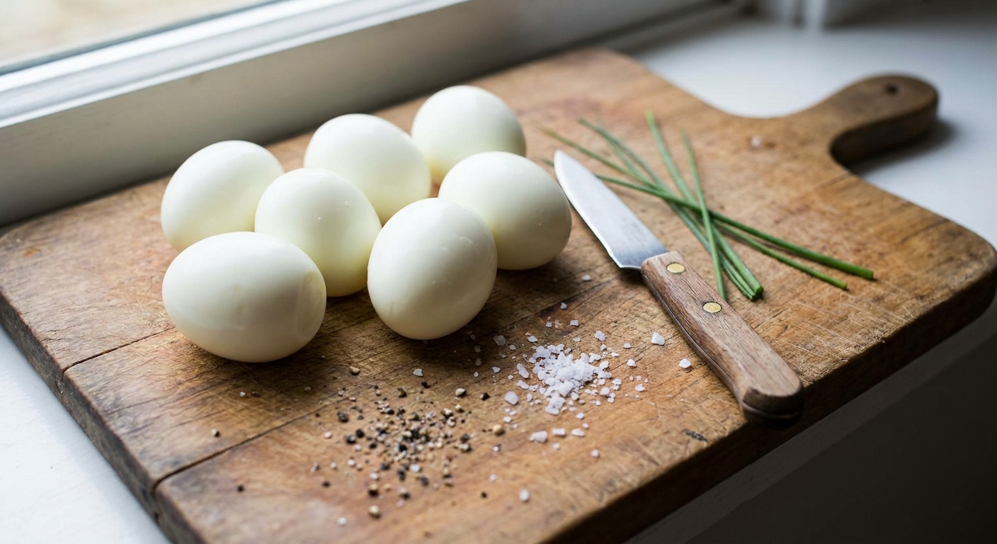 A real photograph of peeled hard-boiled eggs on a wooden cutting board with a small paring knife nearby, ready to be sliced