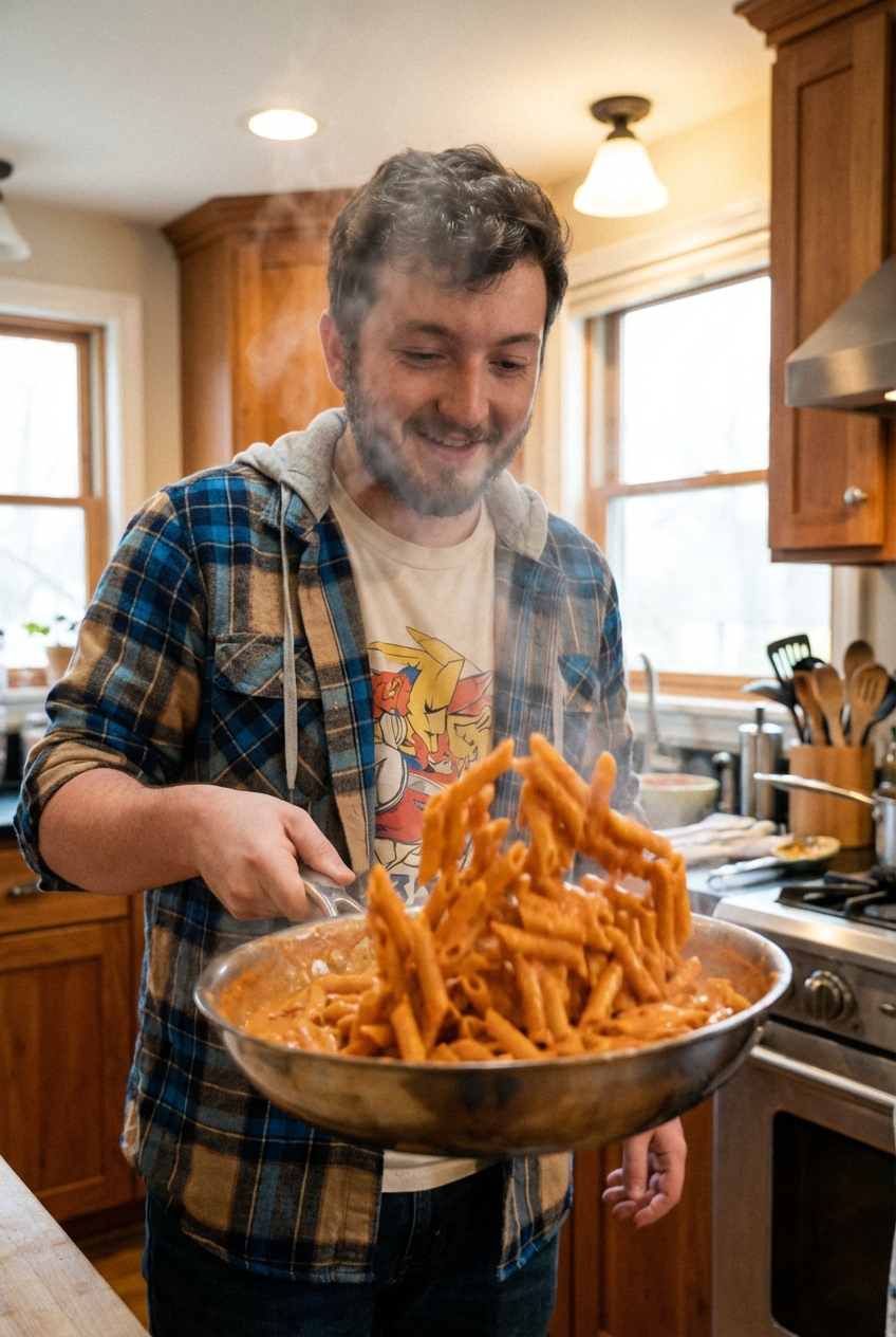 A real photograph of penne being tossed in a skillet of vodka sauce with steam rising