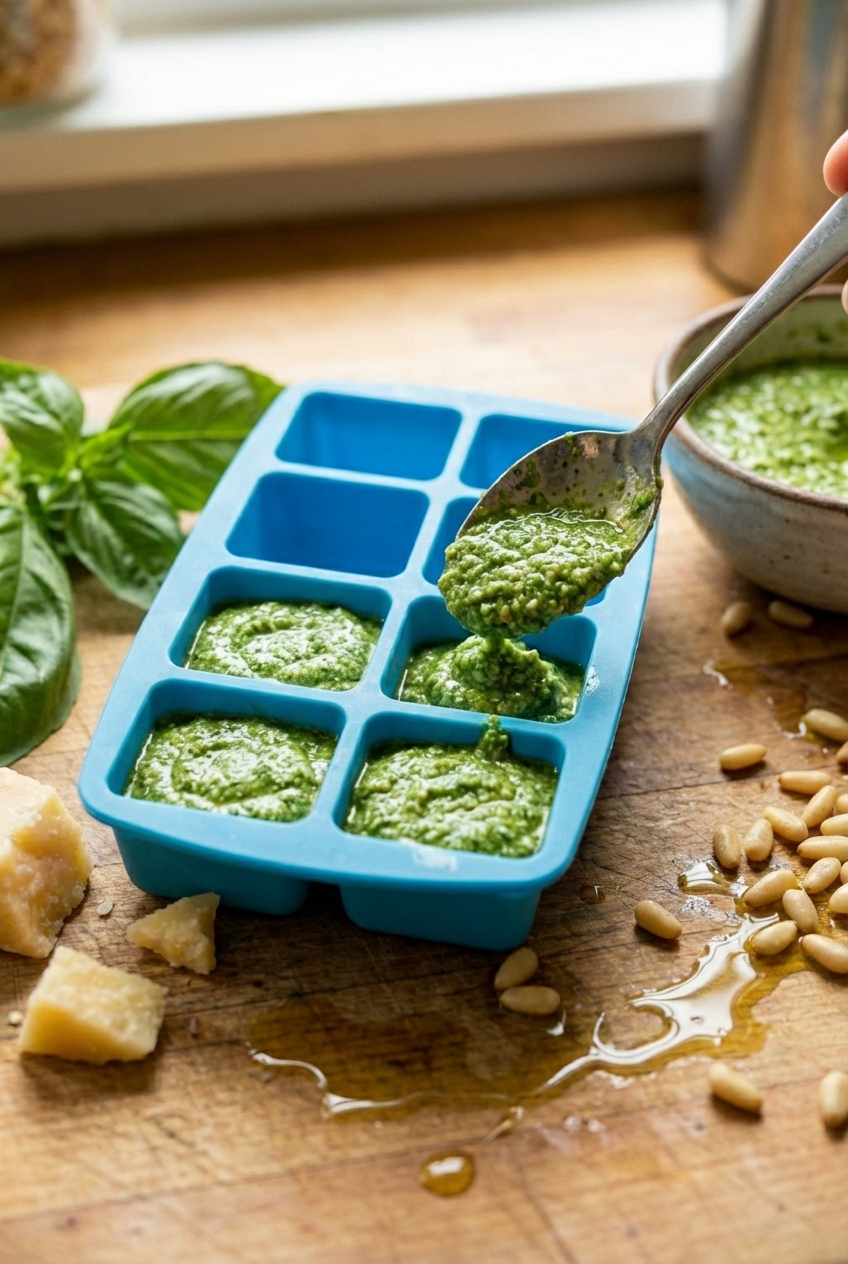 A real photograph of pesto portioned into an ice cube tray on a kitchen counter