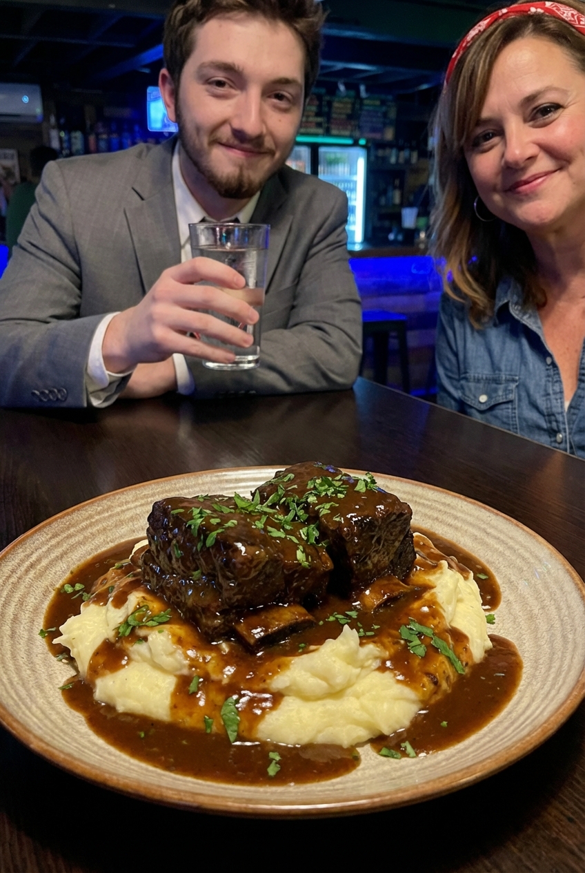 A real photograph of plated braised short ribs over mashed potatoes with rich brown gravy and chopped parsley