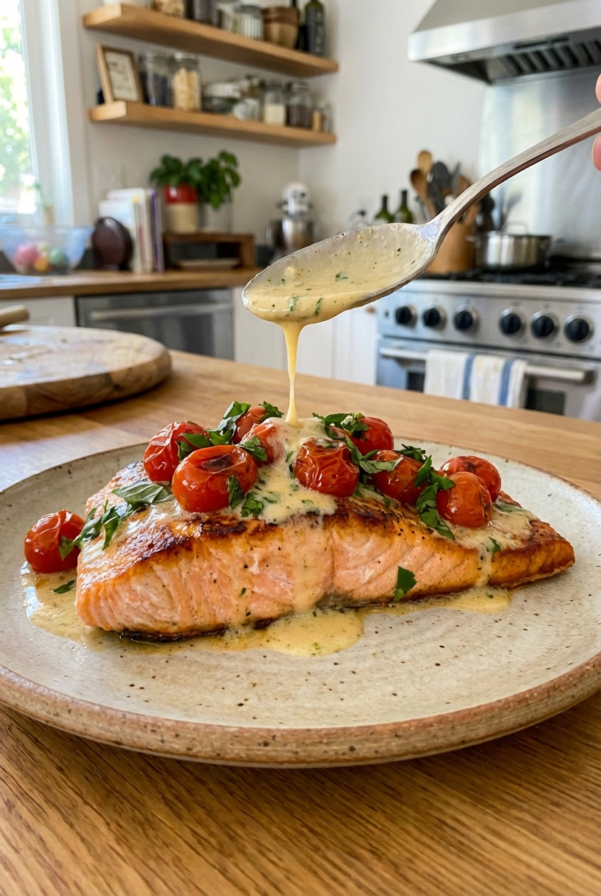 A real photograph of plated salmon topped with blistered tomatoes and herbs with sauce spooned over the top