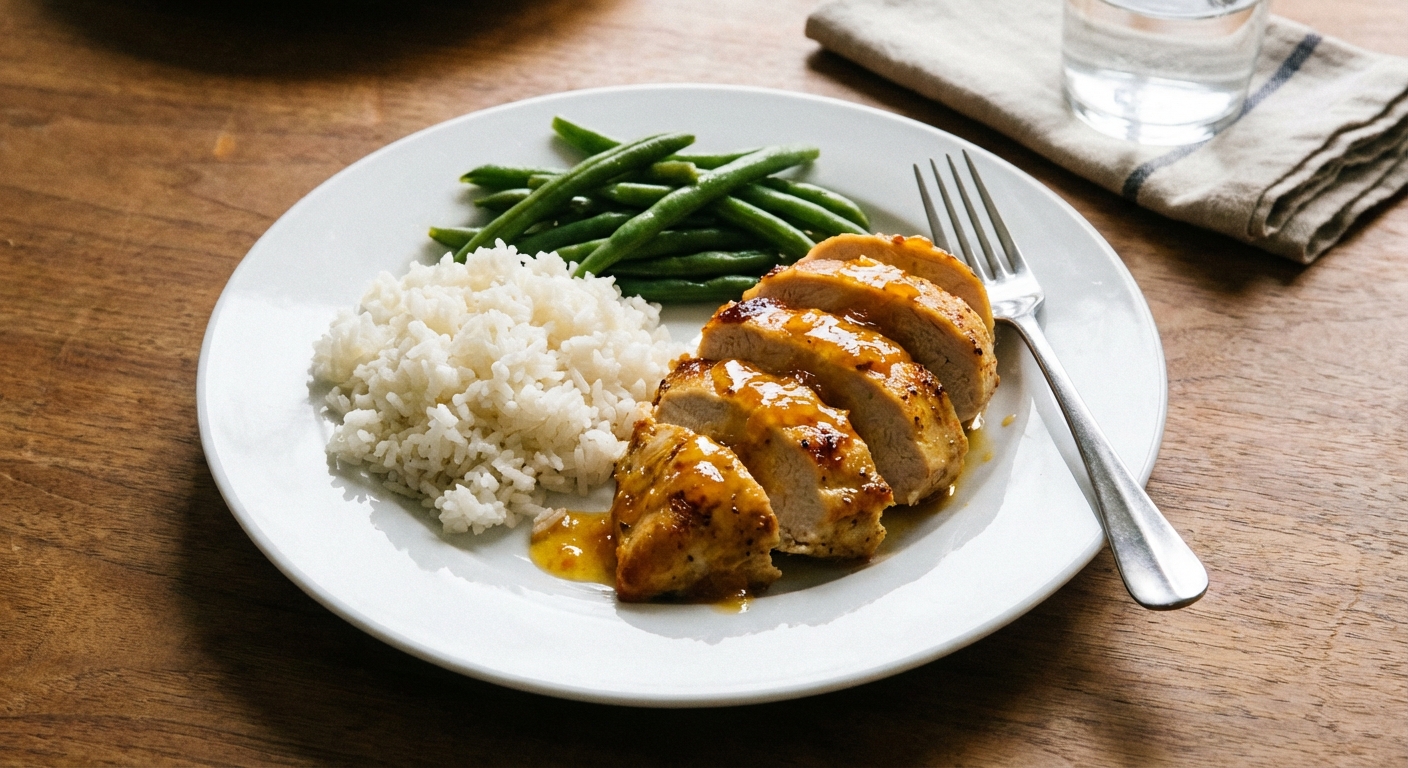 A real photograph of plated sliced chicken breast topped with glossy citrus sauce, served with rice and green beans on a white plate
