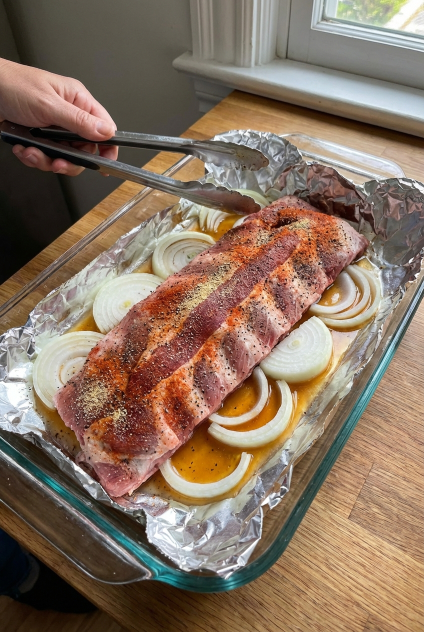 A real photograph of pork ribs in a foil-lined baking dish with a splash of broth and sliced onions before baking