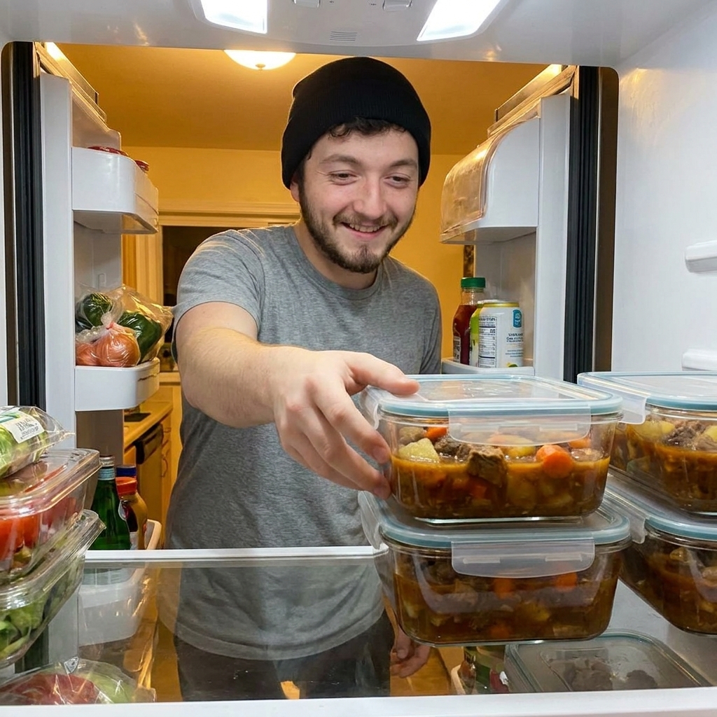 A real photograph of portioned beef stew in clear airtight containers stacked on a refrigerator shelf