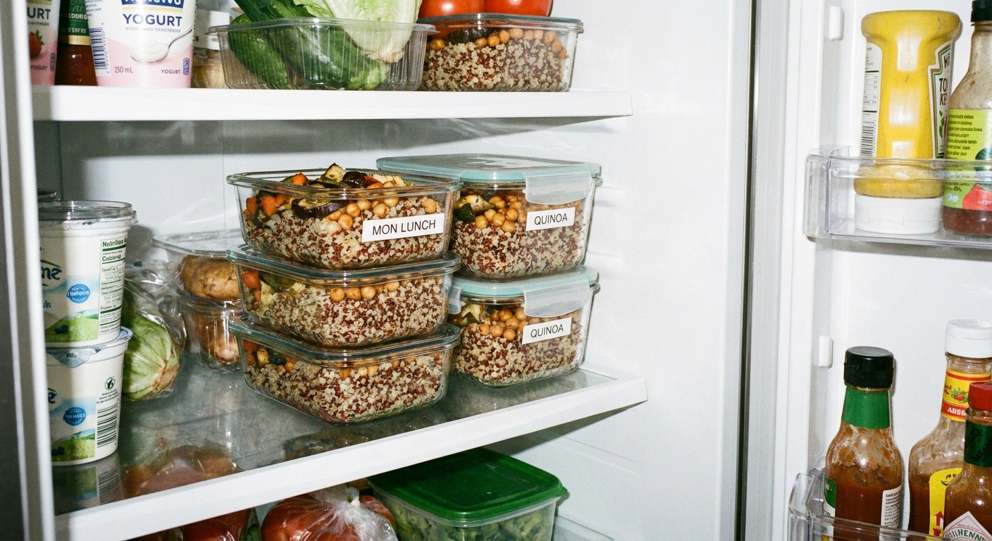 A real photograph of portioned cooked quinoa in clear meal prep containers on a refrigerator shelf, simple home kitchen setting