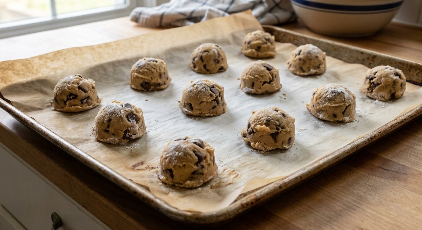 A real photograph of portioned cookie dough balls spaced on a parchment-lined baking sheet ready to freeze