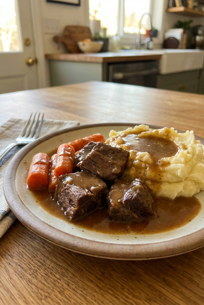 A real photograph of pot roast and carrots spooned over mashed potatoes with gravy on a dinner plate