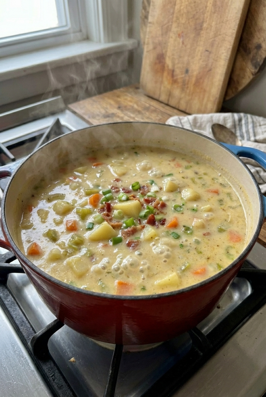 A real photograph of potato soup simmering in a large Dutch oven on a stovetop with visible potato chunks and steam rising