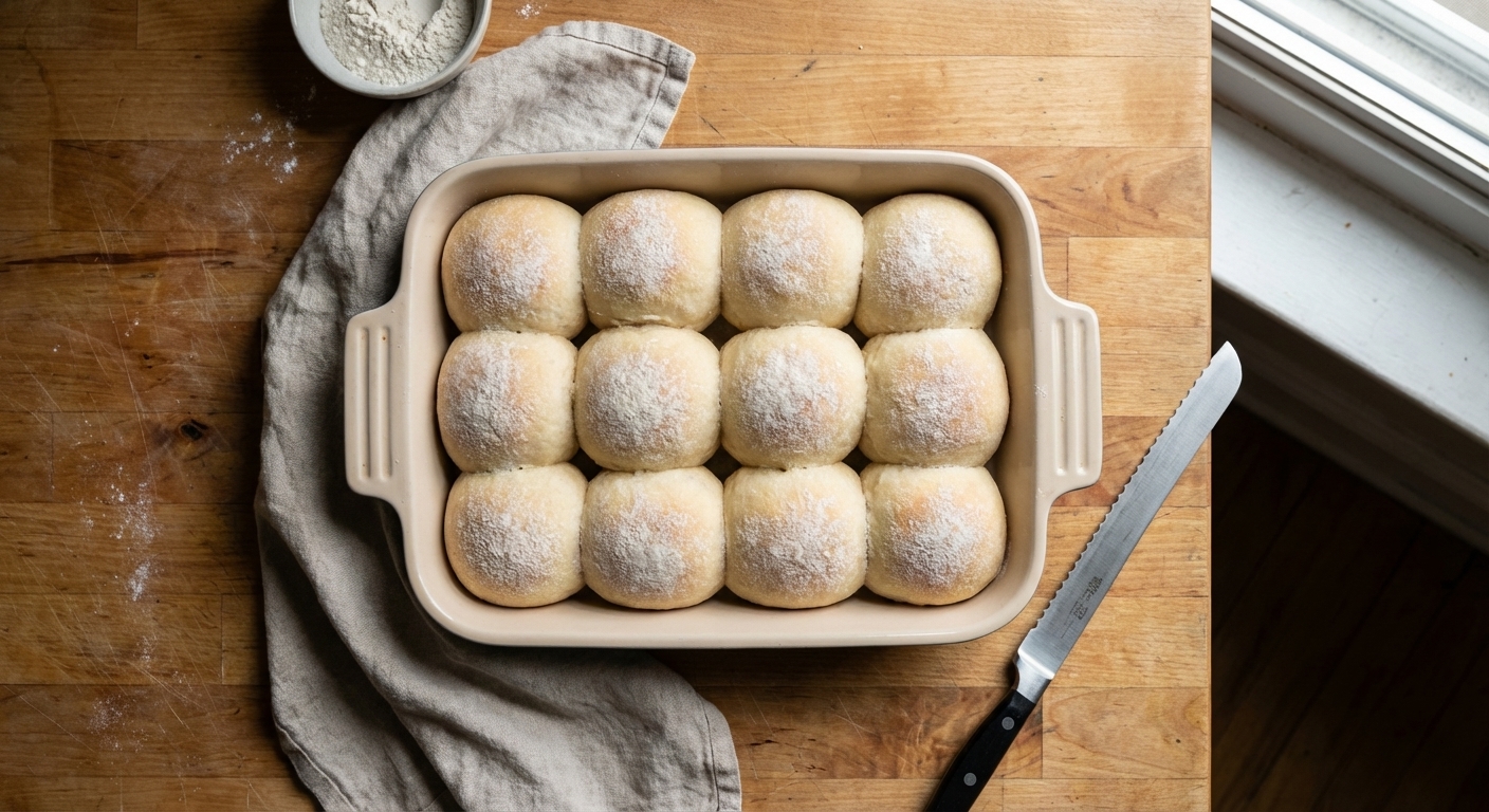 A real photograph of proofed sourdough dinner rolls in a rectangular baking dish, risen and touching, lightly floured tops, shot from above on a kitchen counter