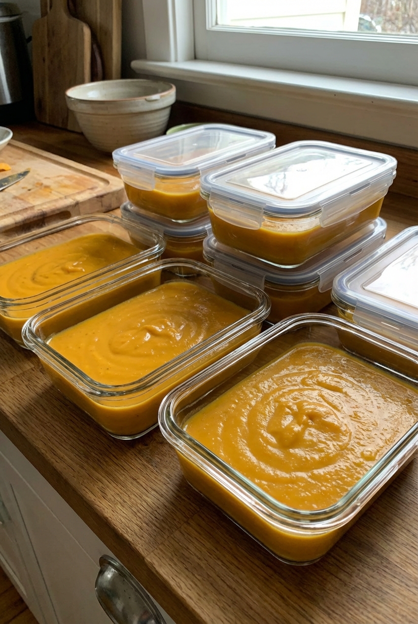 A real photograph of pumpkin soup portioned into glass meal prep containers with lids on a kitchen counter