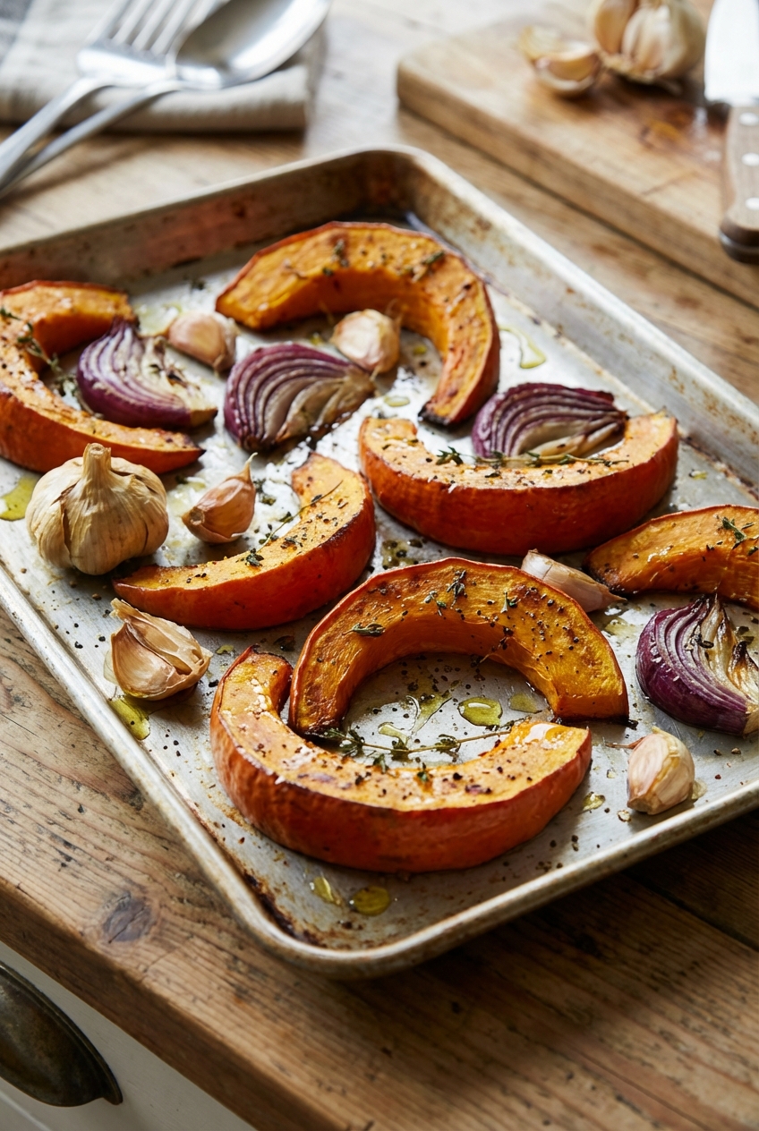 A real photograph of pumpkin wedges roasting on a sheet pan with onions and garlic, lightly browned at the edges