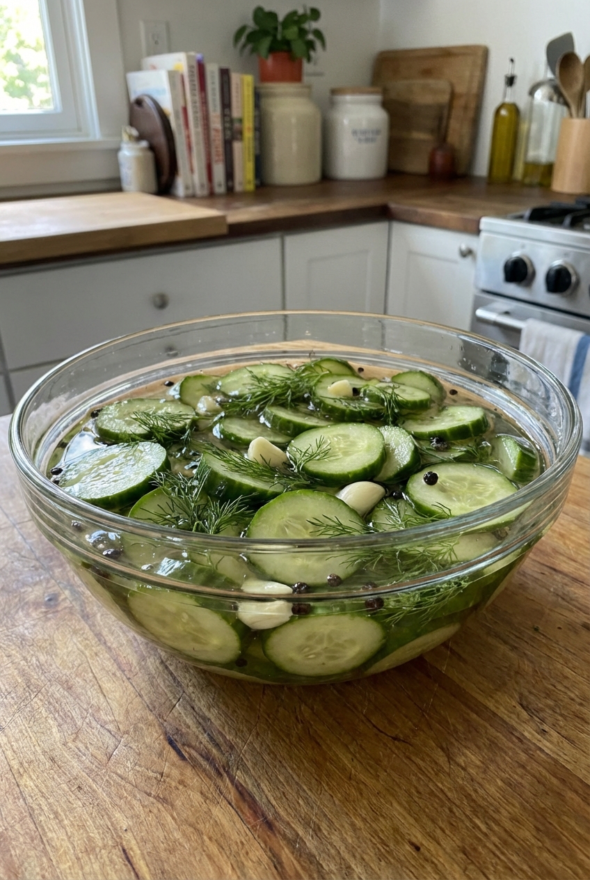 A real photograph of quick pickled cucumbers in a glass bowl with dill