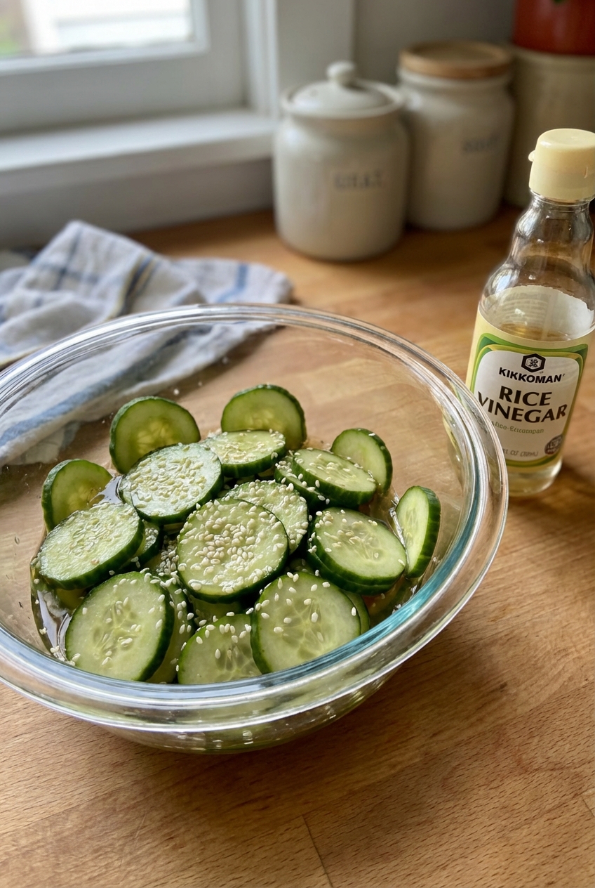 A real photograph of quick pickled cucumbers in a glass bowl with sesame seeds and rice vinegar