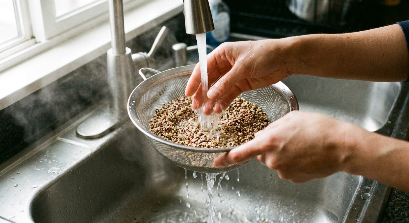 A real photograph of quinoa being rinsed under running water in a fine-mesh strainer over a sink, hands gently swishing the grains